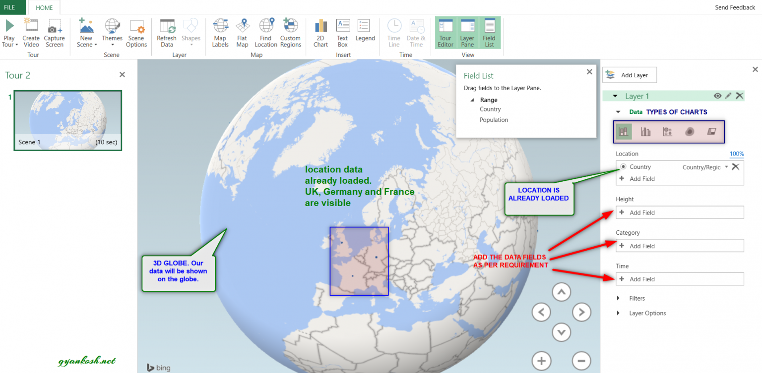 How to use 3D Map Chart / Globe Chart in Excel to show the geographical ...