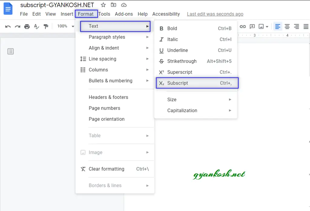 shortcuts for subscript google docs