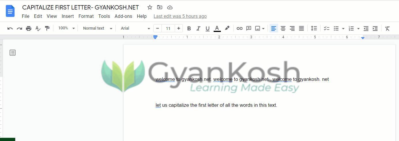 example showing to capitalize first letter of complete document