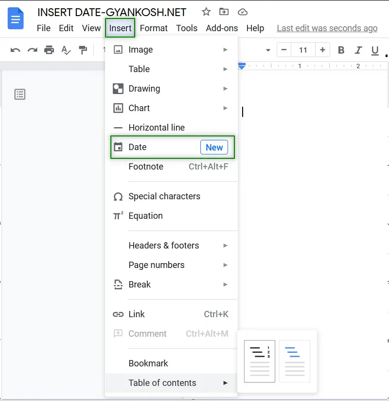 insert date in Google Docs option location