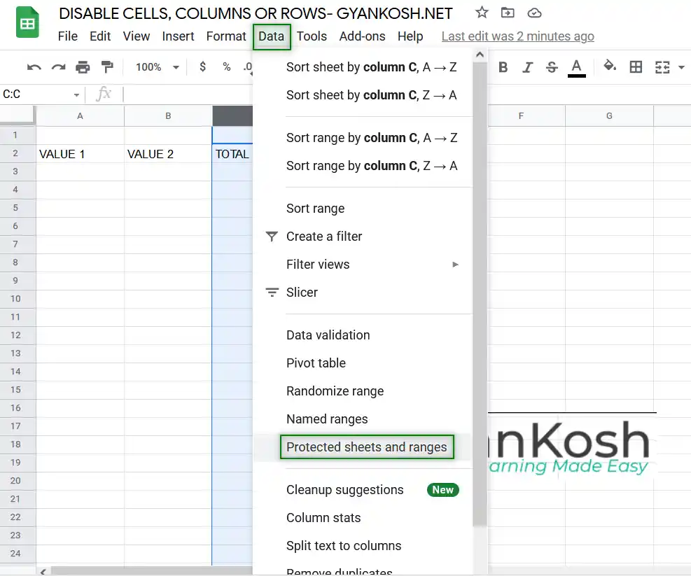 CELL EDIT DISABLE EXAMPLE IN GOOGLE SHEETS