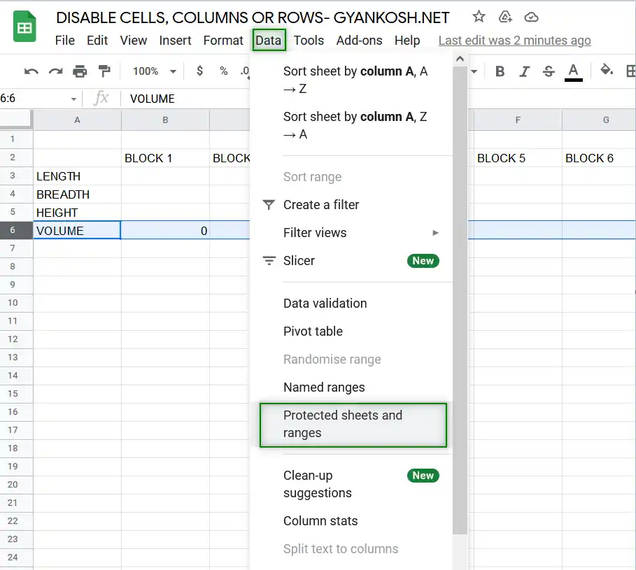 CELL EDIT DISABLE EXAMPLE IN GOOGLE SHEETS