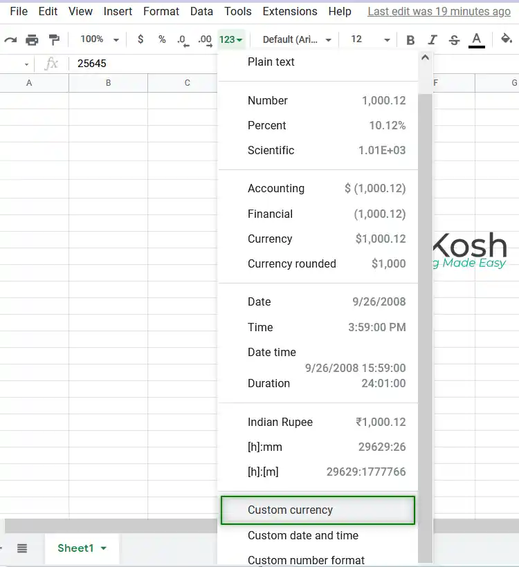 currency option to insert rupee symbol in google sheets