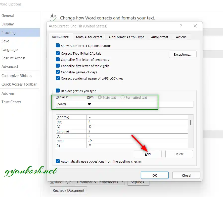 heart emoji in word autocorrect option
