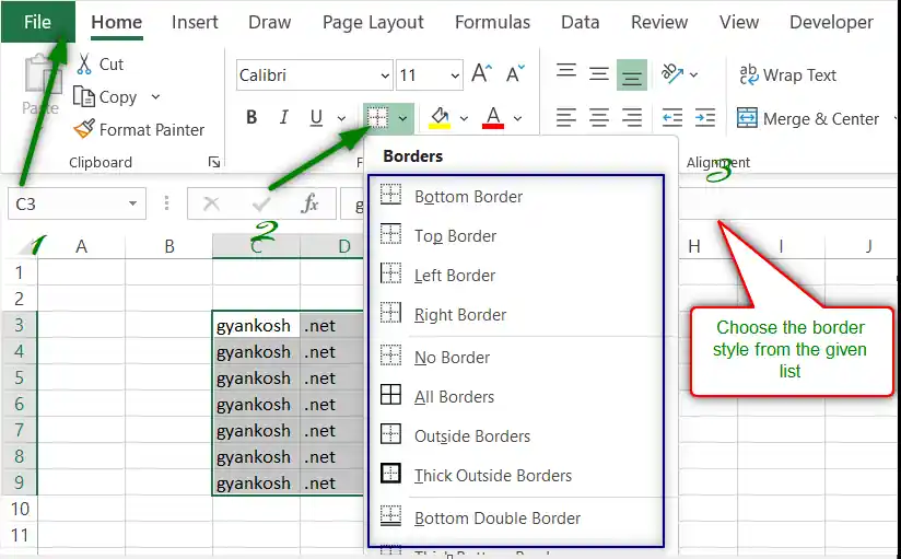 how to add border in excel