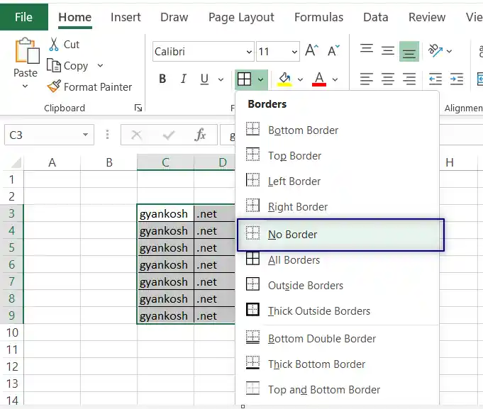 option to remove  borders in excel