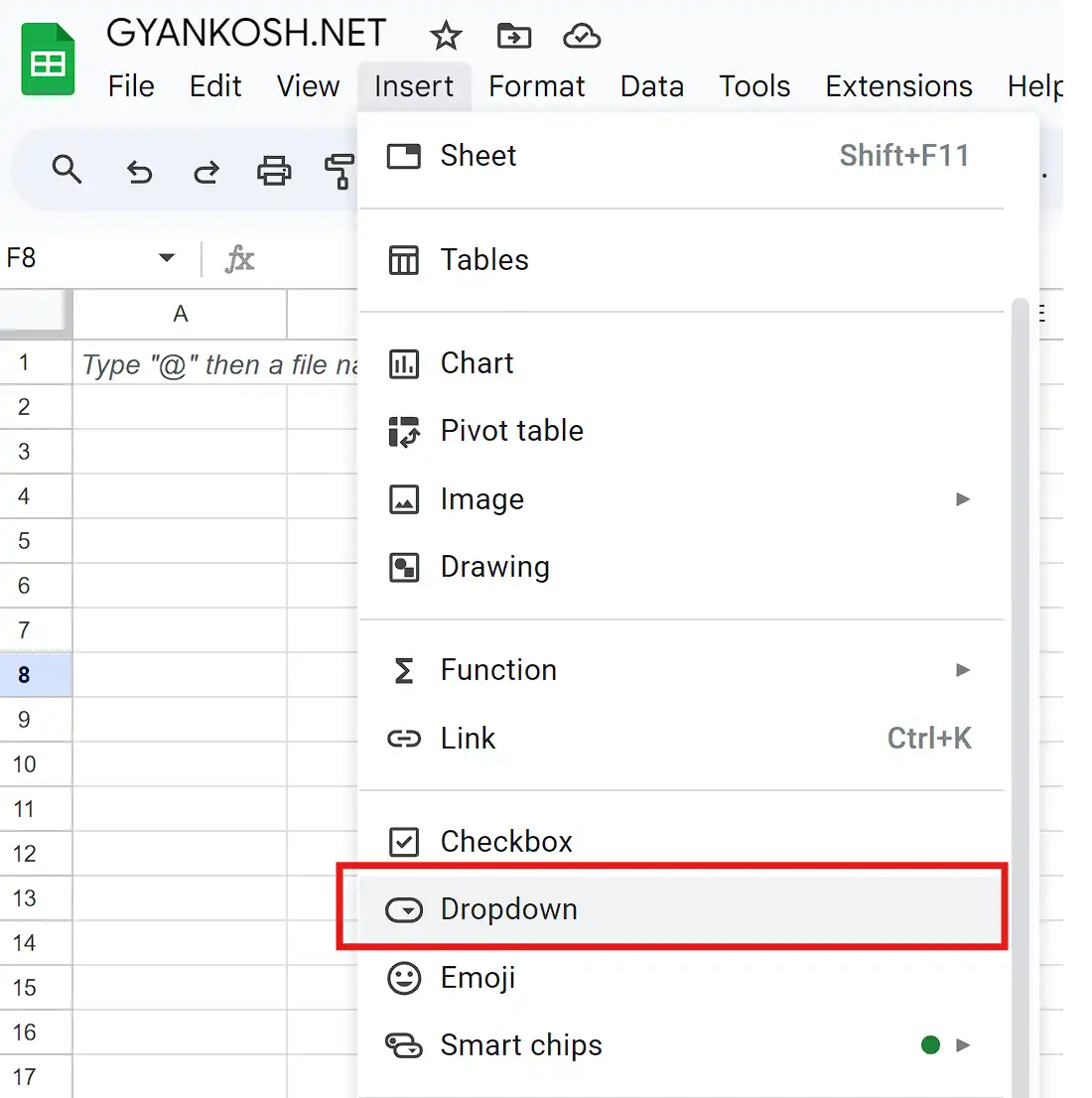 Drop down option in google sheets